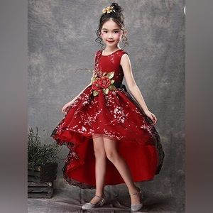 Burgundy Red 👸 Holiday Hi Low Train Dress w/ Sheer Overlay Lace Girls 10/12
